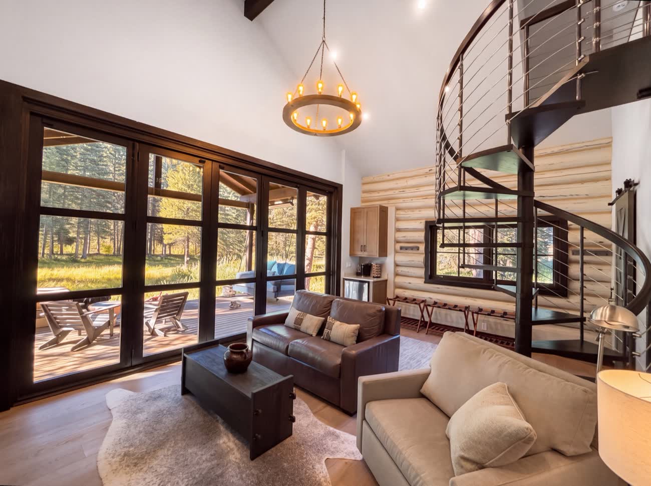 River Suite living room with spiral staircase